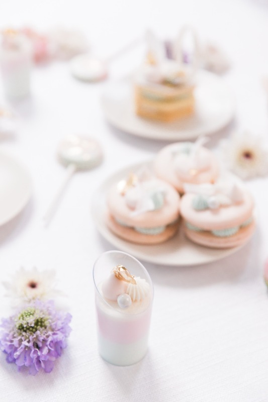 pretty iridescent souffle in a sheer glass topped with edible pearls and rhinestones is a gorgeous idea for an iridescent wedding