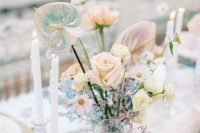25 a lovely iridescent wedding tablescape with a blush table runner, an iridescent floral arrangement is chic