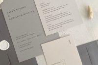 a chic minimalist wedding invitation suite in shades of grey and tan, with black lettering is a cool idea for a minimalist wedding