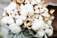 a classy cotton wedding bouquet with pale greenery is a lovely idea for a winter or Christmas wedding and can be rocked at many others, too