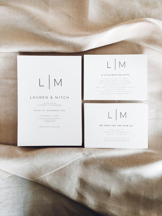 a modern to minimalist wedding invitation suite in white, with black lettering and nothing else - who needs more than that