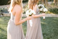 strapless geige maxi bridesmaid dresses with sashes are amazing for a delicate and refined spring or summer wedding