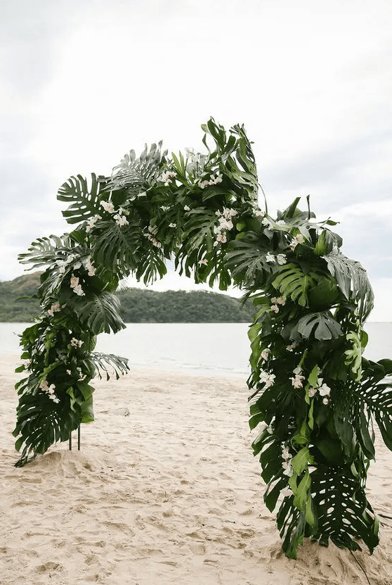 a lush semi circle wedding arch with tropical leaves and white blooms on the beach