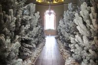 36 flocked Christmas trees, snowy firewood and artificial snow turn this Christmas wedding ceremony space into a real snowy forest