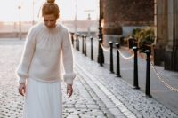 a neutral and cozy sweater, a tulle maxi skirt and a top knot for a lovely girlish wedding look with a casual and easy feel