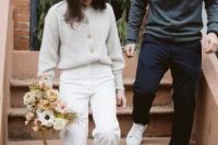 a neutral statement button cardigan, white flare trousers for a low key city hall wedding ceremony