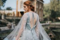 a pale blue wedding dress