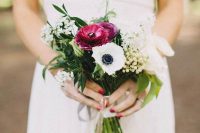 a small wedding bouquet of white and fuchsia blooms and various types of greenery is a whimsy idea for a modern bride
