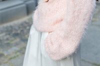 an oversized pink fuzzy sweater paired with wideleg trousers are all you need for a casual and girlish look at the wedding