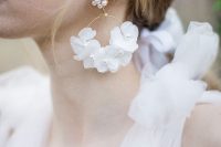 refined bridal earrings with a pearl stud, a gold hoop with white blooms and pearls are a very sophisticated idea for a girlish outfit