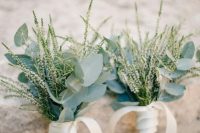 simple and lovely greenery and astilbe wedding bouquets with white ribbon wraps are amazing for a spring or summer wedding