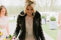 02 a black shearling jacket with a fur collar will create a super bold contrast to your girlish pink wedding ballgown