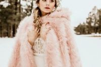 07 a dreamy winter bridal look with a neutral modern wedding dress and a pink faux fur cover up with a hood is a gorgeous idea