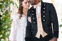 07 the couple dressed in Bridgerton style – an off the shoulder lace applique wedding dress plus a tiara and a trendy take on a morning suit