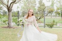 13 a gorgeous Daphnae inspired bridal look with an A-line floral embroidery wedding dress and a half updo plus pastel blooms
