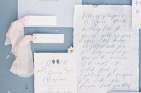 14 a lovely Bridgerton wedding invitation suite with watercolor blooms, raw hem wedding invites and blush ribbons