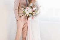 27 a blush suit, a white shirt, a colorful floral print tie and tan shoes for a delicate and beautiful groom’s outfit in winter