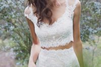 30 a refined and chic lace two piece with a crop top with thick straps and a high waisted fitting skirt