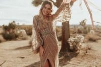 34 a taupe wedding dress with silver stripe embroidery and bell sleeves looks very chic and boho