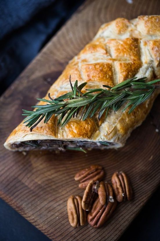 a mushroom Wellington with rosemary and pecans is a simple and tasty vegan main dish