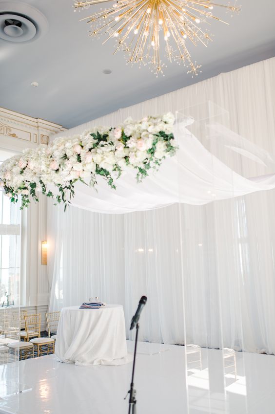 an indoor wedding ceremony space with a white curtain and a lucite chuppah covered with white fabric and white blooms on top