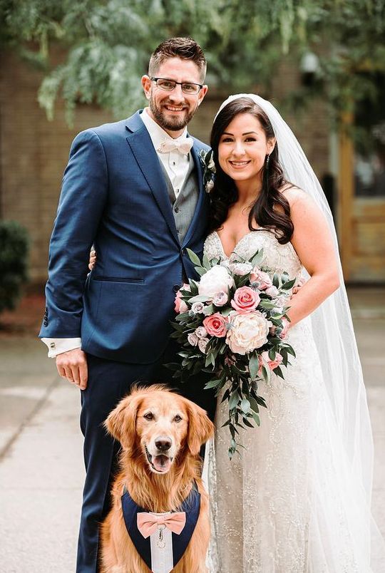 the pet imitating the groom's look - a navy suit, a white collar and a pink bow tie for a chic and fun look