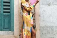 06 a bold yellow silk midi wrap dress with bright floral prints, nude square toe shoes for a bright summer wedding