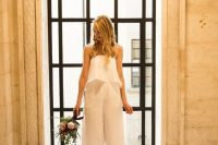 11 a stylish and girlish bridal look with a strapless ruffle top and culottes with pockets plus blush suede shoes
