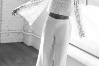 17 a beautiful bridal outfit with a lace applique crop top with bell sleeves, white plain wideleg pants feels like the 70s