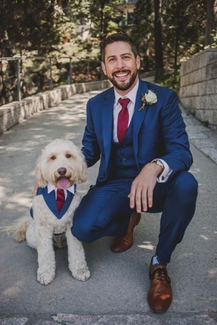 the dog copying the look of the groom   a blue suit, a white collar, a red tie for a more fun and playful look