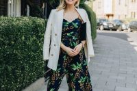 22 a moody botanical print jumpsuit with culottes, trendy slingbacks and a black clutch plus a neutral blazer