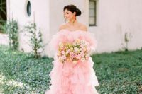 26 a dreamy pink off the shoulder tulle ruffle wedding dress is a gorgeous idea for a super sweet bridal look