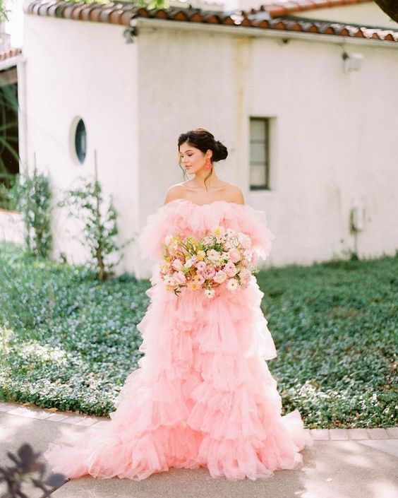 a dreamy pink off the shoulder tulle ruffle wedding dress is a gorgeous idea for a super sweet bridal look