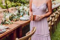 28 a cute mauve maxi dress with ruffles and on spaghetti straps is an amazing romantic idea for a summer wedding outdoors