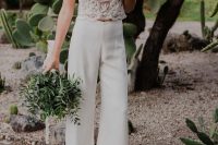 30 a romantic bridal look with a lace crop top with a scoop neckline and no sleeves and plain high waisted palazzo pants