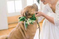 31 a stylish and fresh greenery and neutral bloom wedding collar with ribbons is ideal for a wedding