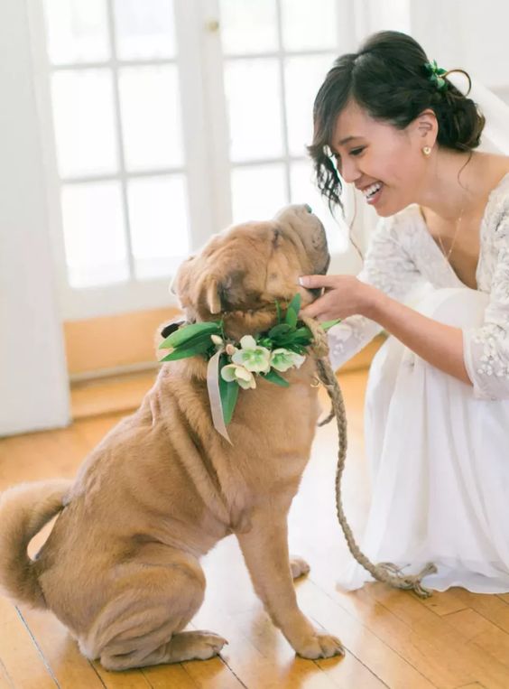 a stylish and fresh greenery and neutral bloom wedding collar with ribbons is ideal for a wedding