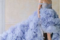 34 a jaw-dropping off the shoulder blue wedding dress with a draped bodice and a ruffle tier skirt with a long train