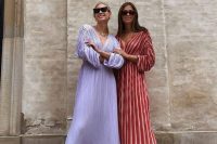 41 beautiful midi pleated dresses – a lilac one and a red and white striped one, with draped short sleeves and deep plunging necklines