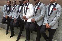 10 grey dinner jackets with black lapels, white shirts, black trousers and elegant shoes, black bow ties and red handkerchiefs