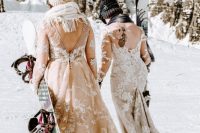 10 neutral and tan lace applique mermaid wedding dresses with cutout backs, scarves and beanies for snowboarding brides