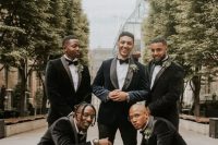 12 elegant black tuxedos with velvet dinner jackets and velvet loafers, white shirts and simple black trousers are great for a black tie wedding