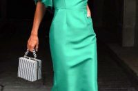 14 a beautiful and elegant green midi dress with a square neckline, puff sleeves, matching ankle strap shoes and a gingham box bag