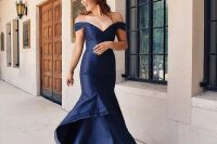50 an exquisite navy mermaid off the shoulder dress with a ruffle skirt is a very chic and beautiful idea
