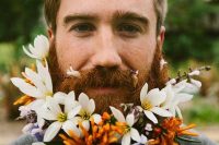 a bold floral beard with white, orange and lilac blooms will make a color statement in your look and will catch an eye