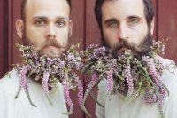 beards accented with super long pink blooms for a unique look and a bold textural touch to the outfit