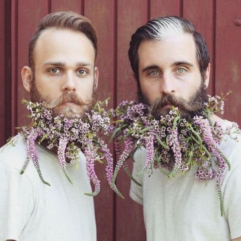 beards accented with super long pink blooms for a unique look and a bold textural touch to the outfit
