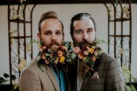 grooms wearing gorgeous floral beards, with yellow, pink, orange and rust blooms and greenery look fantastic.jpg