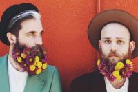 hipster grooms rocking fuchsia and yellow blooms that add plenty of color to their looks and make them bolder