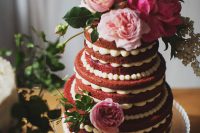 02 a beautiful naked red velvet wedding cake with pink and blush blooms, greenery and sugar pearls is a cool idea for a summer wedding